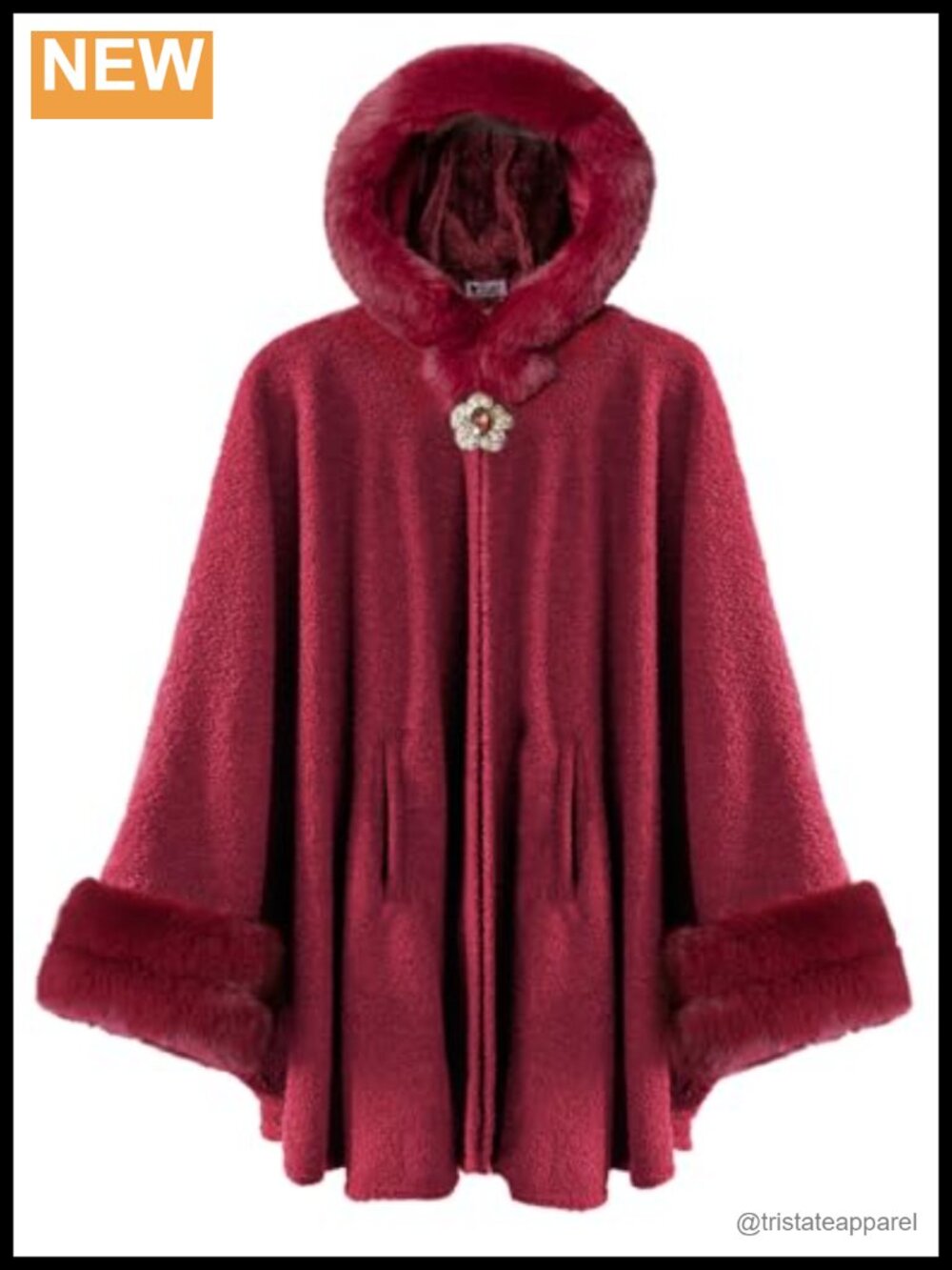 Women's Faux Fur Trim Hooded Cape Coat Fleece Lined Cloak Poncho